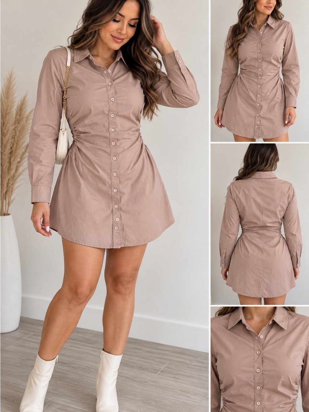 Fashion Nova Ruched Button-Front Dress in Taupe